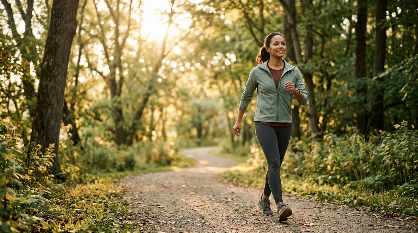 Adult walking a sunlit tree-lined path at sunrise